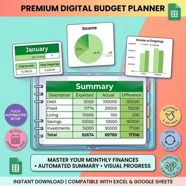 Ultimate Monthly Budget Planner Spreadsheet | Automated Income, Expense, Debt & Savings Tracker for Google Sheets & Excel